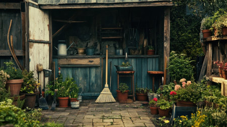 A picturesque garden shed showcasing various gardening tools and vibrant flower pots, perfect for gardening enthusiasts and serene outdoor settings.の素材