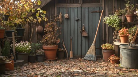 A serene backyard garden featuring an array of potted plants, a broom, and autumn leaves scattered across the stone pathway, creating a peaceful atmosphere.の素材