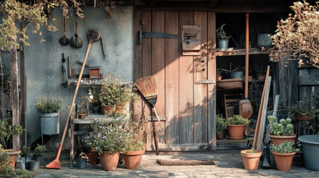 A picturesque garden shed filled with potted plants and various gardening tools, exuding a tranquil and rustic charm, perfect for outdoor enthusiasts and gardening lovers.の素材