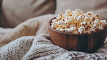 A warm and inviting living room scene featuring a wooden bowl filled with freshly popped popcorn on a cozy knit blanket, perfect for movie nights and relaxation at home.の素材