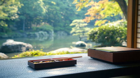 A serene view of a Japanese garden featuring a traditional dining setup, emphasizing tranquility and natural beauty in a peaceful outdoor setting filled with light.の素材