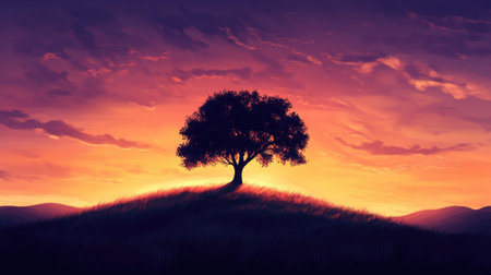 A stunning silhouette of a single tree set against a colorful sunset sky, creating a serene and tranquil atmosphere ideal for nature-themed projects or artistic inspirations.の素材