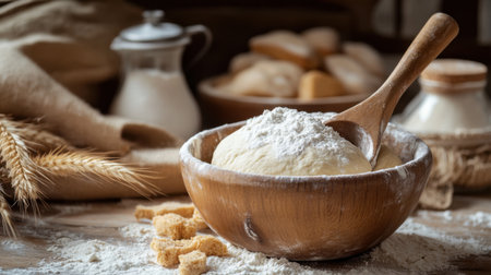 A beautifully arranged rustic kitchen scene showcasing flour and dough in a wooden bowl, emphasizing the art of baking and the warmth of homemade bread preparation.の素材