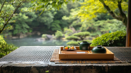 Enjoy a serene outdoor tea setting showcasing a green tea set and sushi, surrounded by lush foliage and a peaceful landscape, perfect for relaxation and reflection.の素材
