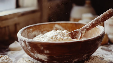 This image captures a rustic wooden bowl filled with flour, showcasing a wooden spoon and the inviting atmosphere of a cozy kitchen perfect for baking.の素材