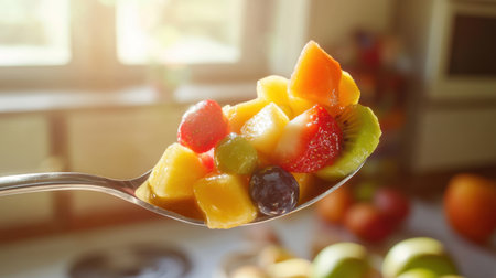 A vibrant spoonful of fresh fruit salad showcasing an array of sweet fruits like mango, kiwi, and strawberry, ideal for health enthusiasts and food lovers.の素材
