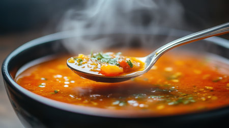 A vibrant bowl of steaming vegetable soup with fresh herbs garnishing, ideal for showcasing comforting meals or promoting healthy, delicious recipes.の素材