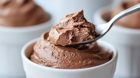 A delightful bowl of chocolate mousse featuring a smooth and creamy texture, ideal for food photography and dessert enthusiasts looking for a rich treat.の素材