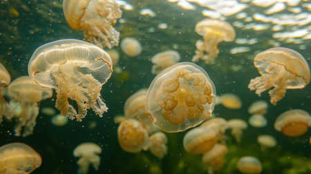 An enchanting underwater scene featuring jellyfish moving gracefully through clear waters, embodying the mesmerizing beauty of marine life and natureの素材