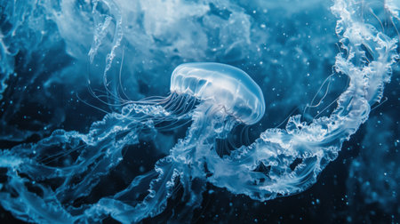 A stunning image showcasing a jellyfish gracefully moving through deep blue waters, surrounded by bubbles and light, revealing the enchanting beauty of ocean life.の素材