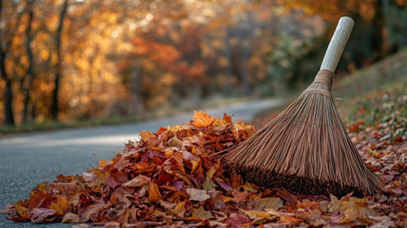 A charming autumn scene showcasing a broom beside a vibrant pile of fallen leaves on a scenic path surrounded by trees glowing in warm sunlight. Perfect for seasonal themes.の素材