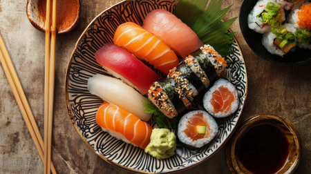 An inviting display of sushi featuring vibrant salmon, tuna, and rolled sushi placed on a stylish plate, perfect for food lovers and culinary enthusiasts.の素材