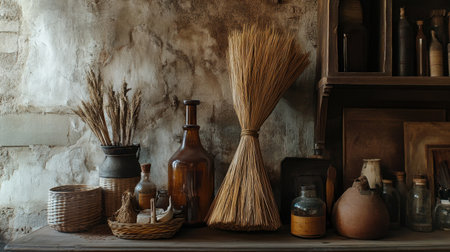 A charming arrangement of rustic decor featuring brooms, vintage bottles, and dried plants, creating a warm and nostalgic atmosphere in an old interior setting.の素材