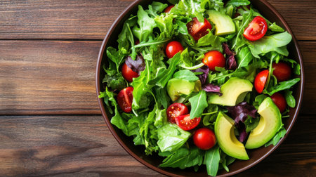 A visually appealing salad featuring fresh greens, ripe cherry tomatoes, and creamy avocado set on a rustic wooden table, ideal for promoting healthy eating lifestyles.の素材