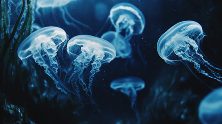 A mesmerizing scene showcasing a group of jellyfish gliding gracefully through dark blue ocean waters, illuminated by soft bioluminescent light, capturing the beauty of underwater life.の素材