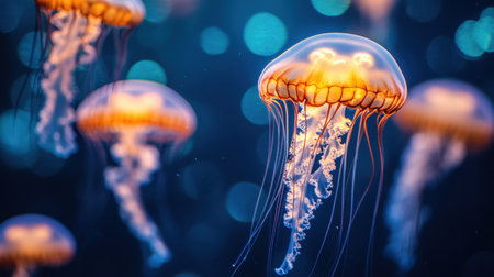 Discover a mesmerizing scene of glowing jellyfish gracefully floating in serene waters, showcasing their bioluminescent features that evoke peace and wonder in the ocean depths.の素材