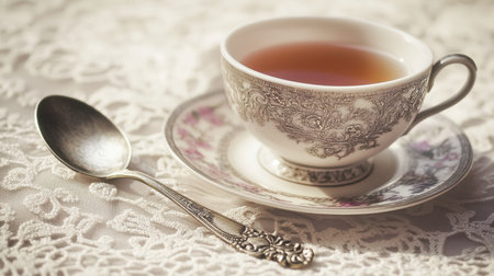 A beautifully crafted porcelain tea cup resting on a delicate lace tablecloth, paired with a vintage silver spoon, perfect for a cozy afternoon tea experience.の素材