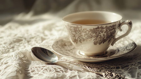 A beautifully styled tea cup showcasing intricate floral patterns, accompanied by a silver spoon and soft lace, creating an inviting and sophisticated tea experience.の素材