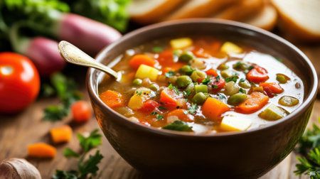 A vibrant bowl of vegetable soup made from fresh ingredients, showcasing a mix of colors and textures, perfect for a healthy and comforting meal option.の素材