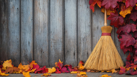A charming autumn display featuring a traditional broom beside colorful leaves and a rustic wooden wall, creating a warm and inviting seasonal atmosphere ideal for home decor.の素材
