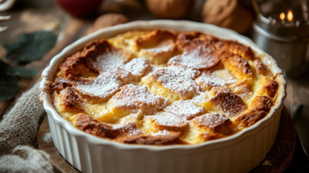 A tempting baked custard dessert, adorned with powdered sugar, evokes warmth and comfort. Perfect for special occasions or joyful gatherings with loved ones.の素材