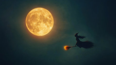 A captivating silhouette of a witch riding a broomstick against the backdrop of a luminous full moon, evoking a sense of magic and mystery in the nocturnal sky.の素材
