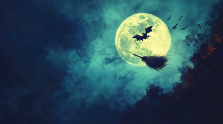 Enchanting night scene featuring a full moon, a silhouetted broomstick, and flying bats, creating a magical atmosphere ideal for Halloween-themed projects and artwork.の素材
