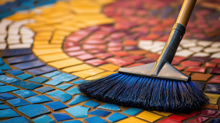 A broom gently cleans a colorful mosaic surface, showcasing vibrant tiles and intricate designs, highlighting the beauty of artistic craftsmanship in a public space.の素材