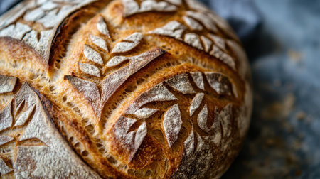Beautifully crafted artisan bread displaying intricate leaf patterns on the crust, perfect for showcasing culinary skill and enhancing any rustic dining experience with warmth and flavor.の素材