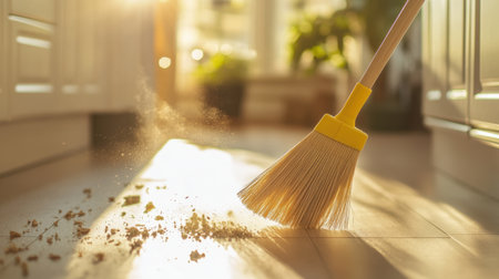 A broom glides over a sunlit wooden floor, sweeping dust into a pile, capturing the essence of cleanliness and serene domestic life in a bright, inviting space.の素材