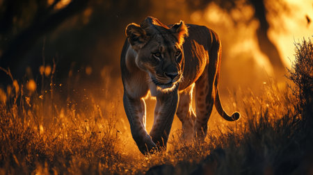 A stunning lioness walks gracefully through sunlit grasslands, embodying the spirit of wildlife. The warm hues of sunset create a breathtaking backdrop for this fierce yet serene moment.の素材