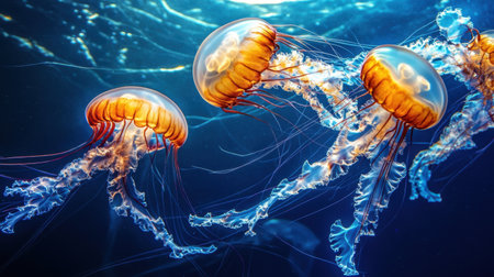 This captivating image showcases jellyfish in an underwater paradise, illustrating their beauty and grace as they glide through the tranquil ocean depths, illuminated by light.の素材