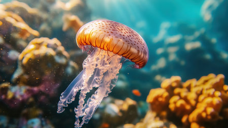 A stunning underwater capture of a jellyfish gliding through a colorful coral reef, showcasing the delicate beauty of marine life illuminated by sunlight.の素材