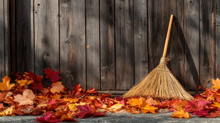 A serene autumn scene featuring a broom next to a carpet of colorful leaves against a rustic wooden background, capturing the essence of the fall season.の素材
