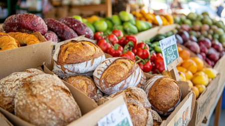 A delightful display of freshly baked artisan bread alongside an array of vibrant fruits and vegetables at a local market, promoting healthy eating choices.の素材