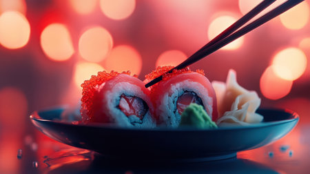 A beautiful sushi roll topped with vibrant colors, presented elegantly with ginger and wasabi. The warm background creates a captivating ambiance perfect for food lovers.の素材