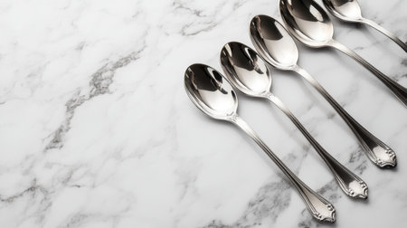 A collection of five shiny silver spoons on a sleek marble surface, creating a refined and elegant atmosphere, ideal for showcasing culinary delights and table settings.の素材