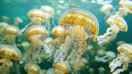 Explore a stunning underwater scene showcasing jellyfish swimming elegantly in clear waters, illuminated by sunlight and offering a glimpse into vibrant marine life.の素材