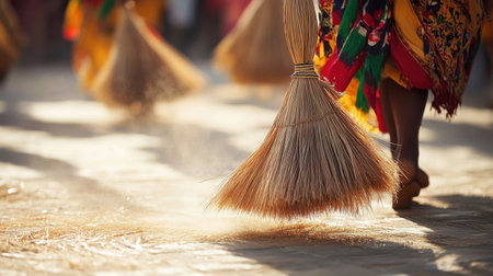 Vibrant dancers engage in a traditional sweeping dance, exhibiting lively movements with handcrafted brooms against a sunlit backdrop, celebrating culture and unity through art.の素材