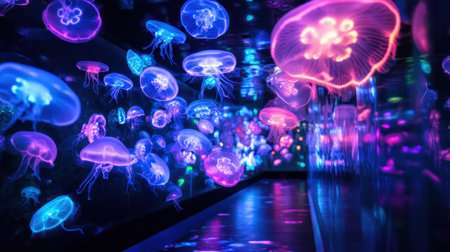 Experience a mesmerizing underwater scene with glowing jellyfish floating gracefully in a dark environment, creating a surreal and tranquil atmosphere filled with vibrant colors.の素材