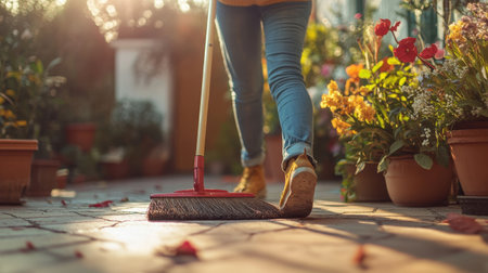 A serene scene of a person sweeping a garden path, surrounded by vibrant flowers and potted plants, capturing the tranquility of outdoor chores in soft evening light.の素材