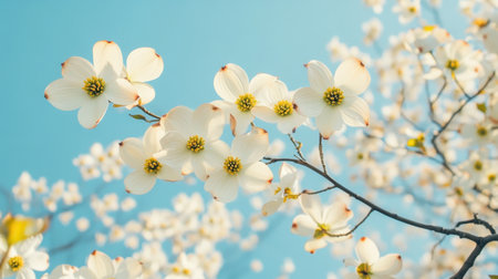 A breathtaking view of delicate white dogwood flowers blooming under a clear blue sky, capturing the essence of spring and the beauty of nature's renewal.の素材