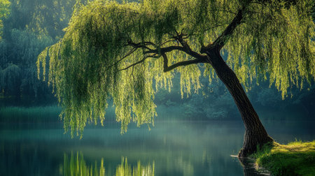 A picturesque scene featuring a tranquil willow tree by a serene lake, showcasing lush greenery and soft sunlight creating a peaceful ambiance in nature's embrace.の素材