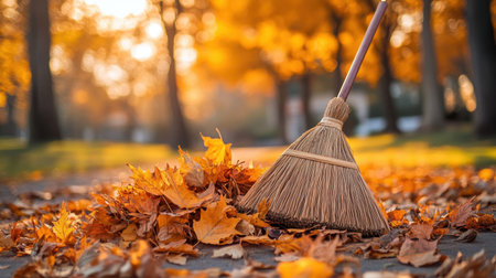 A traditional broom lies atop a blanket of colorful autumn leaves, showcasing the beauty of fall in a tranquil park filled with warm golden sunlight.の素材