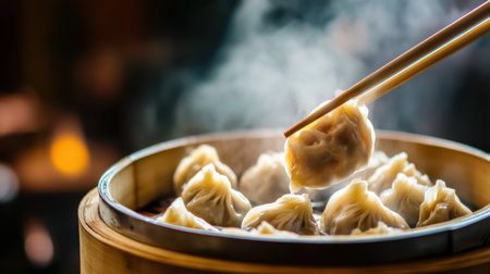 Indulge in the exquisite taste of steaming dumplings presented elegantly in a bamboo steamer, evoking a cozy dining experience in a culinary haven.の素材
