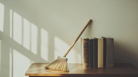 A serene workspace featuring a wooden broom and stacked books on a table, illuminated by soft natural light, creating an inviting atmosphere for productivity and relaxation.の素材