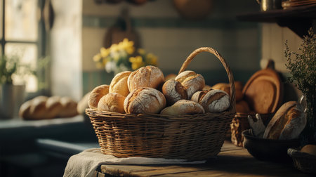 A charming basket filled with freshly baked artisan bread sits on a wooden table, illuminated by soft, natural light, creating a cozy and inviting atmosphere perfect for any culinary setting.の素材