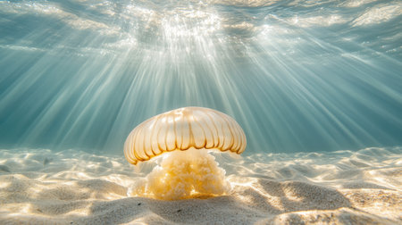 A mesmerizing jellyfish floats gracefully in tranquil waters, illuminated by shafts of sunlight piercing through the surface, showcasing a serene underwater environment.の素材