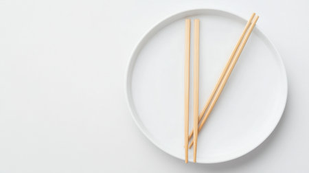 Discover a beautiful arrangement featuring wooden chopsticks on a smooth white plate, ideal for illustrating themes of Asian cuisine and elegant dining arrangements.の素材