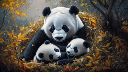 A serene image of a panda mother with her two adorable cubs nestled in autumn leaves, capturing the essence of nurturing and family bonds in the wild.の素材